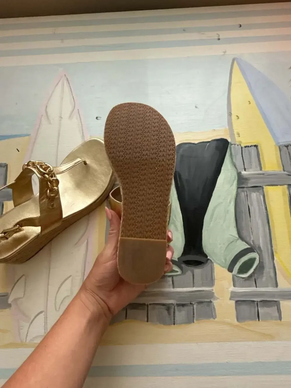 Michael Kors Roxane Metallic Gold T-Strap Espadrille Wedge Sandals